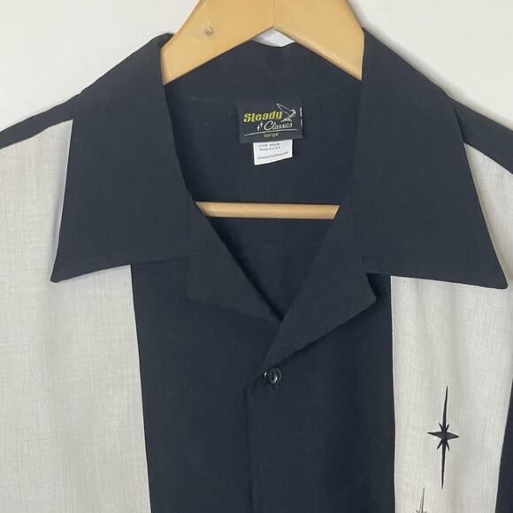 Retro Style Steady Bowling Rockabilly Short Sleeve Bowling Shirt Blk/Cream L/XL - Picture 3 of 10